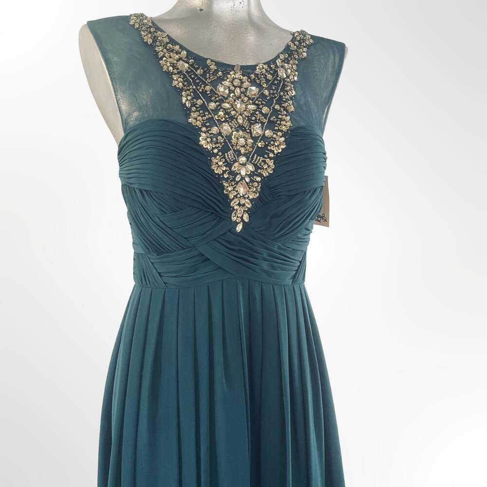 Decode 1.8 Teal Ruched Chiffon Evening Gown with Embellished Illusion Neckline - Picture 2 of 9